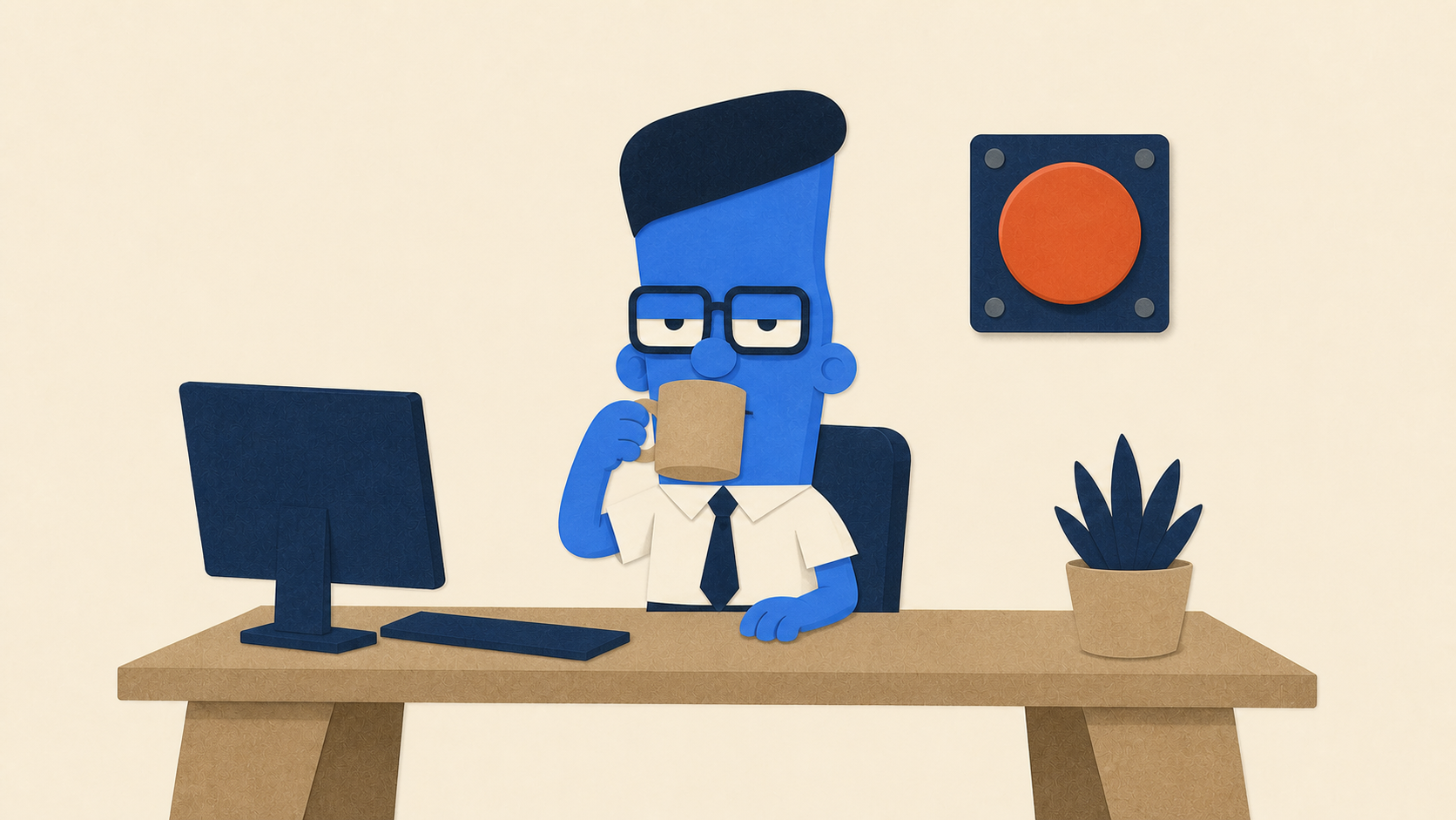 Sam drinking coffee at his desk with a red button on the wall behind him, from the Dumb Ways to Work With AI music video